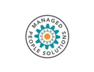 Managed People Solutions company logo featuring a blue gear icon with an orange center.