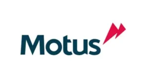 Motus brand logo featuring a dark teal wordmark and two red arrow icons.
