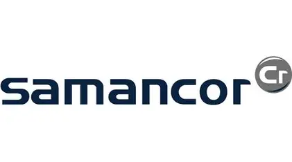 Samancor brand logo featuring dark blue text and a grey 'Cr' chromium icon.